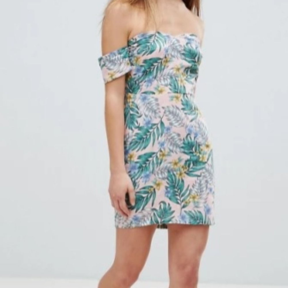 Missguided Petite Bardot Palm Print Dress (ASOS)